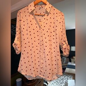 Express Clothing Ivory and Red Ladybug button up blouse.